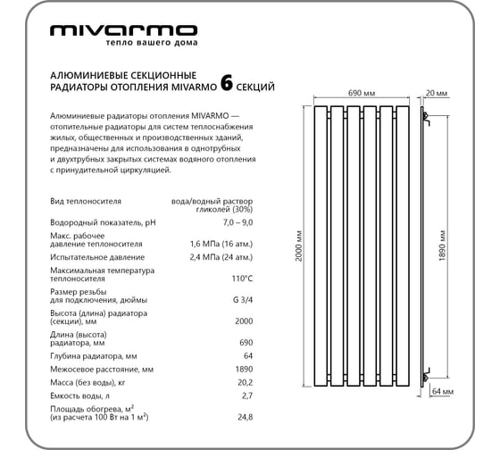 Секционный радиатор отопления MIVARMO 6 секций, горизонтальное/вертикальное подключение, 200 см, графитовый муар MA6-2000-7024