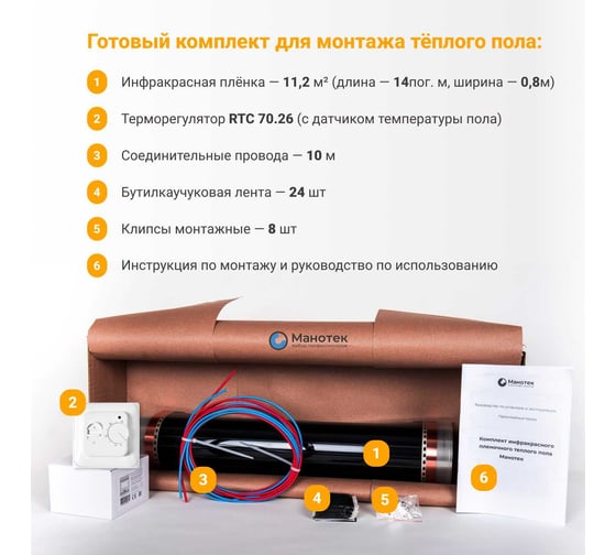Теплый пол электрический инфракрасный Манотек с механическим терморегулятором, 11.2 м² infra_pol_80_14_70.26