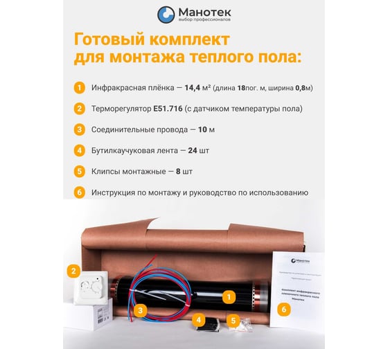 Теплый пол электрический инфракрасный Манотек с программируемым терморегулятором, 14.4 м² infra_pol_80_18_E51