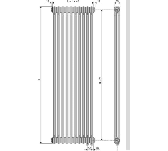 Cтальной трубчатый радиатор Vasco Ritmo 2180V, 6 секций, с вентилем, RAL 9016 8RV218006RAL9016