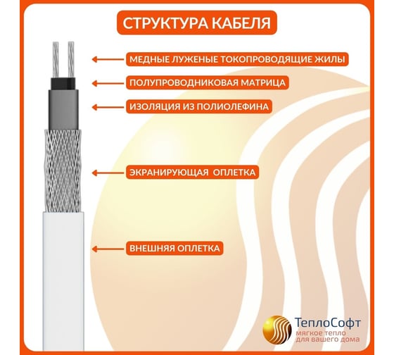 Греющий кабель в трубу саморегулирующийся ТеплоСофт 16 м, 160 Вт, на отрез/SRF10/16м/в трубу