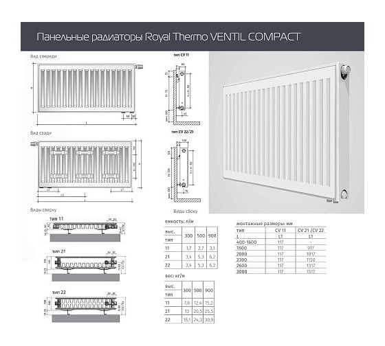 Панельный радиатор ROYAL THERMO VENTIL COMPACT VC22-500-400 RAL9016 НС-1191191