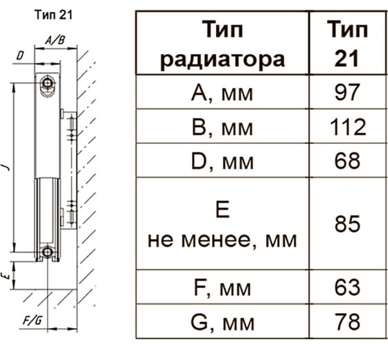 Радиатор отопительный стальной панельный Primoclima тип C21, высота 300 мм, длина 1200 мм C21 300х1200