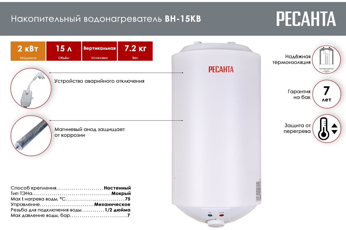 Накопительный водонагреватель Ресанта круглый ВН-15КВ 74/5/11 - выгодная  цена, отзывы, характеристики, фото - купить в Москве и РФ