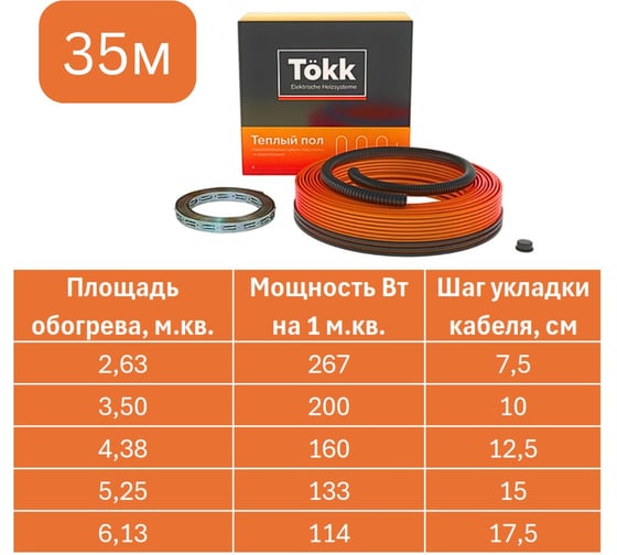 Нагревательный кабель Tökk двухжильный, 20 Вт/м, 35м.п. КАБ_ТОКК_35м