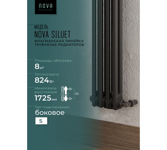 Вертикальный трубчатый радиатор GUARDO Nova Siluet, двухтрубный, 1800x200 мм, 4 секции, боковое подключение NS-T2 1800 4 S R9005(M)