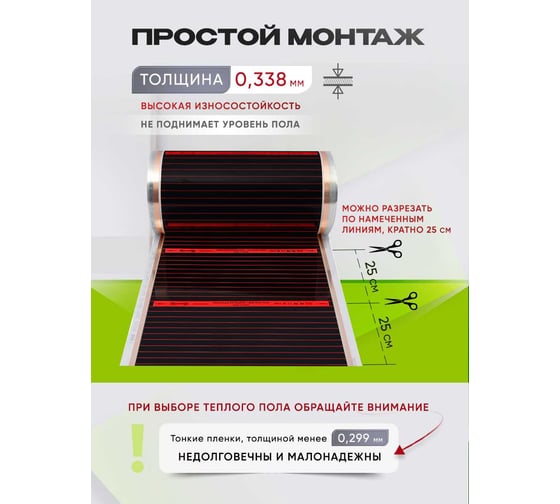 Пленочный теплый пол Warmcoin RED (190Вт/м.кв., Ширина 1,0 м) 10м2 Пленка_RED_W310_10мп