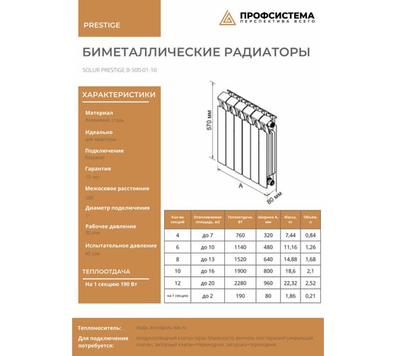 Биметаллический радиатор отопления Solur PRESTIGE 6 секций BMET06