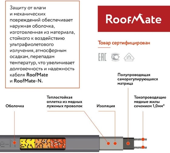 Греющий кабель для обогрева труб, водостоков и кровли RoofMate 32 Вт, длина 100 м 2243165
