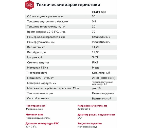 Электрический водонагреватель Grosetto Flat-50 50 л, плоский, нержавеющая сталь (1300+700)W 2041252 GRFlat-50