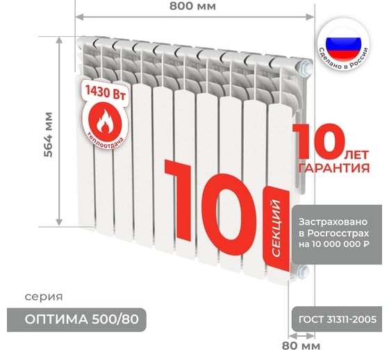 Алюминиевый радиатор Невинномысский Радиаторный Завод серия Оптима 10 секций, 500/80 4603335720610