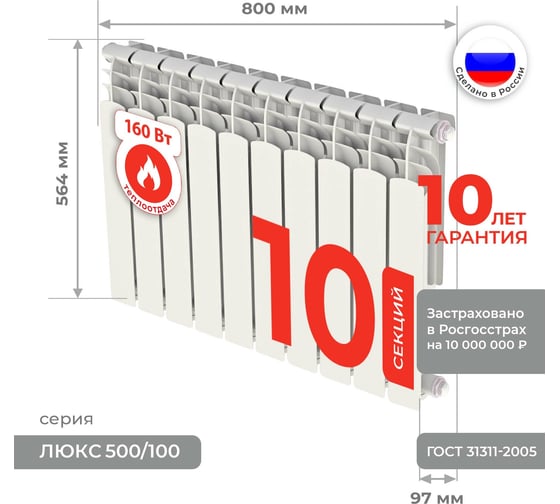 Алюминиевый радиатор Невинномысский Радиаторный Завод серия Оптима 10 секций 500/100 4603335720504