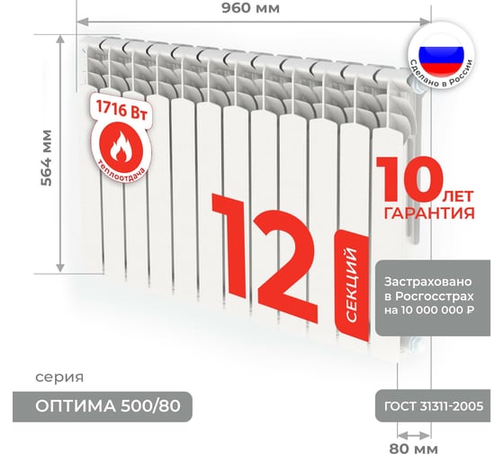 Алюминиевый радиатор Невинномысский Радиаторный Завод серия Оптима 12 секций 500/80 4603335720634