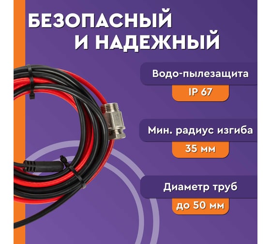 Греющий саморегулирующийся кабель Обогрев Люкс Lite в трубу, 1 м, с сальником 12001