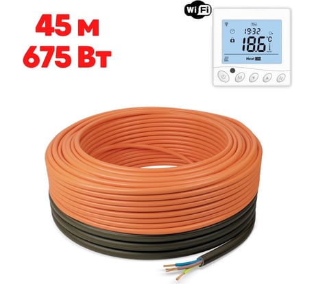 Теплый пол в стяжку нагревательный кабель ТеплоСофт Профи 45 м, 675 Вт, с wi-fi терморегулятором 45м-675/5