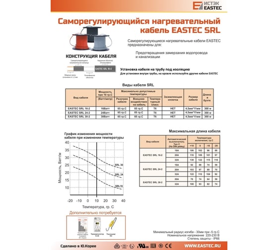 Греющий кабель для труб EASTEC саморегулирующийся 16 Вт/м 10 м  SRL 16-2-10м SRL SRL 16-2-10м