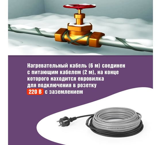 Греющий саморегулирующийся кабель на трубу Rexant Extra Line 25MSR-PB 6M 6м/150Вт 51-0641