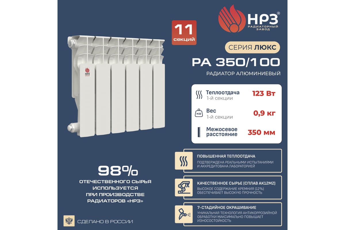 Алюминиевый радиатор НРЗ ЛЮКС 350/100 11 секций, 1353 Вт 55869