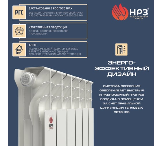 Алюминиевый радиатор НРЗ ЛЮКС 350/100 12 секций, 1476 Вт 55870