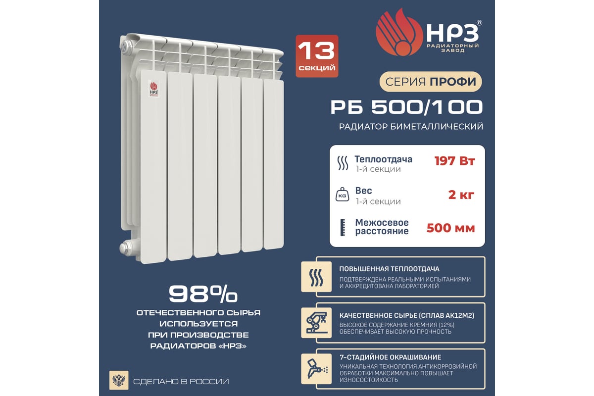 Биметаллический радиатор НРЗ ПРОФИ 500/100 13 секций, 2561 Вт 56408 -  выгодная цена, отзывы, характеристики, 1 видео, фото - купить в Москве и РФ