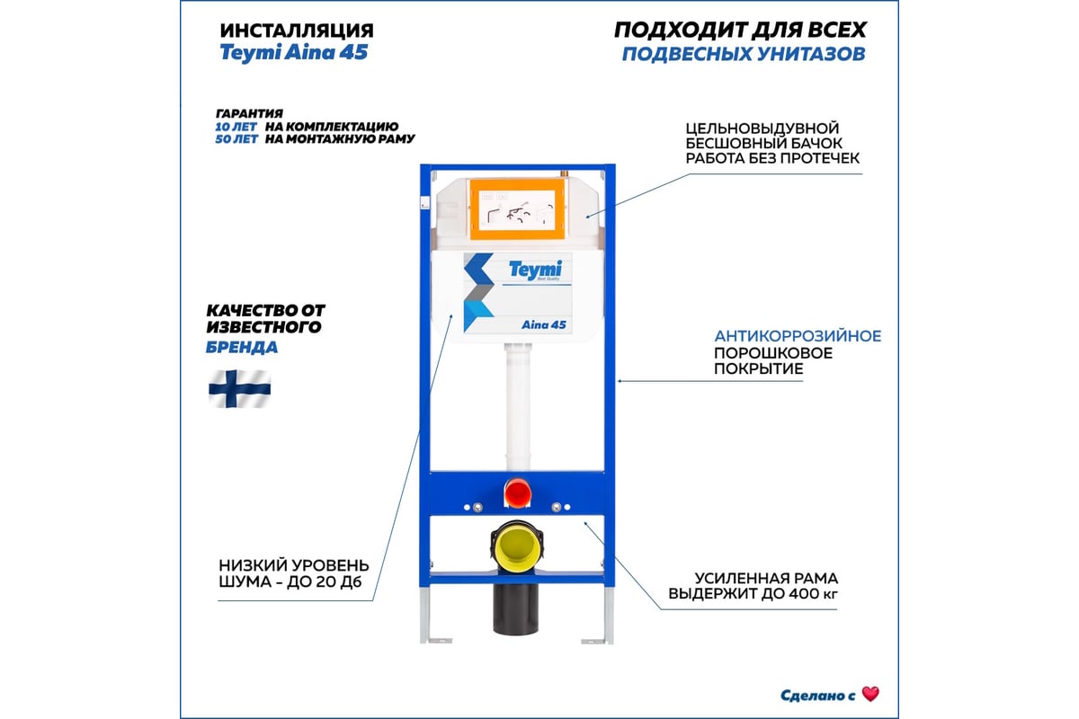 Инсталляция для подвесного унитаза Aina 45 T70034 Teymi ЦБ-00268291 -  выгодная цена, отзывы, характеристики, фото - купить в Москве и РФ