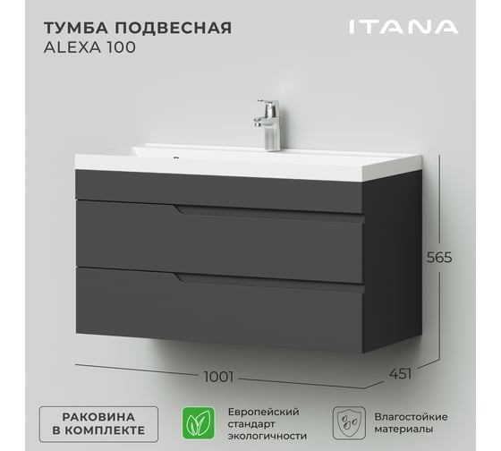 Подвесная тумба с раковиной ИТАНА alexa 100 1001x451x565 Графит 4657810330221