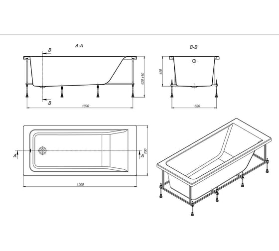 Акриловая ванна Roca EASY прямоугольная, 150x70 см, белая 00037565