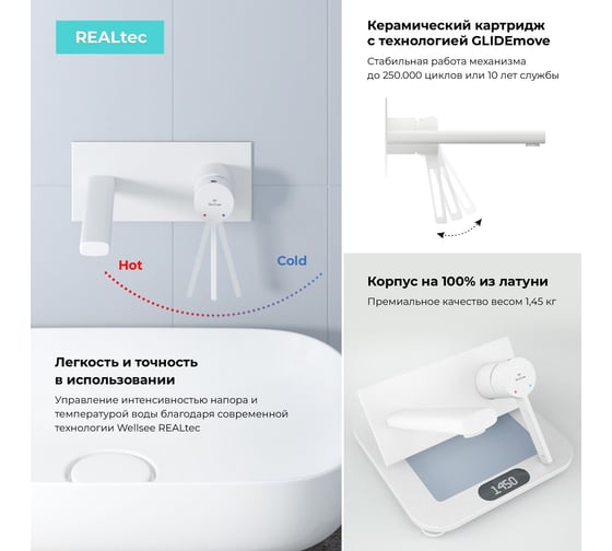 Раковина Wellsee 50 см со столешницей 100 смPure BY201011270 в наборе 9 в 1 201011270
