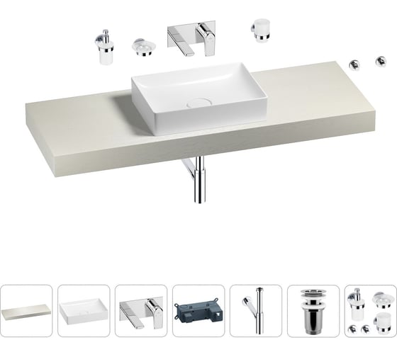 Раковина Wellsee 50 см со столешницей 140 смPure BY201011441 в наборе 9 в 1 201011441