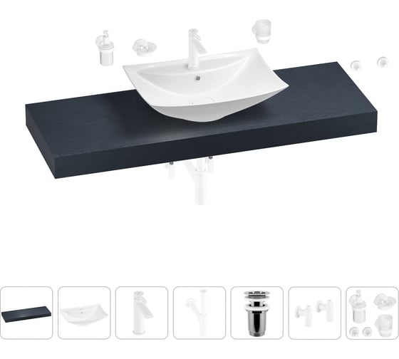 Раковина Wellsee 60 см со столешницей 140 см Cerulean в наборе 10 в 1 201013010 1