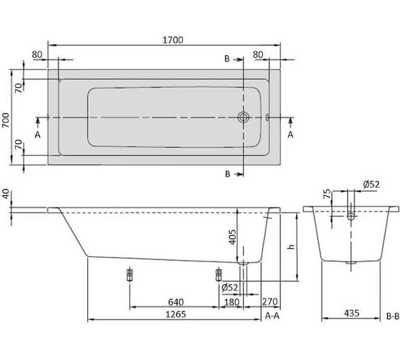 Акриловая ванна VILLEROY & BOCH Targa Plus Solo 1700x700 мм + U99740000 ножки UBA177NES2V-01 00000091657