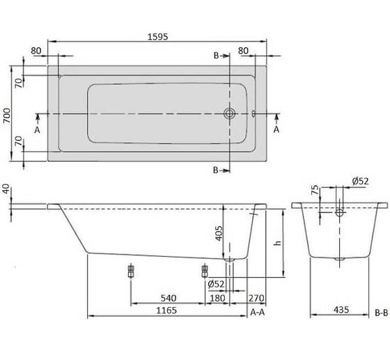 Акриловая ванна VILLEROY & BOCH Targa Plus Solo 1600x700 мм + U99740000 ножки UBA167NES2V-01 00000091654
