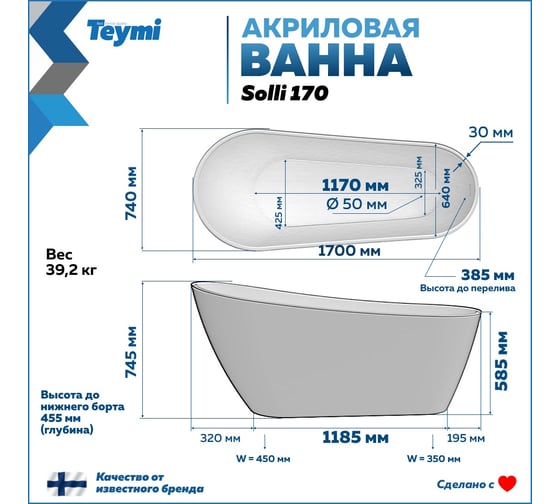 Отдельно стоящая акриловая ванна Teymi Solli 170x74x75, розовая матовая T130108 ЦБ-00268821