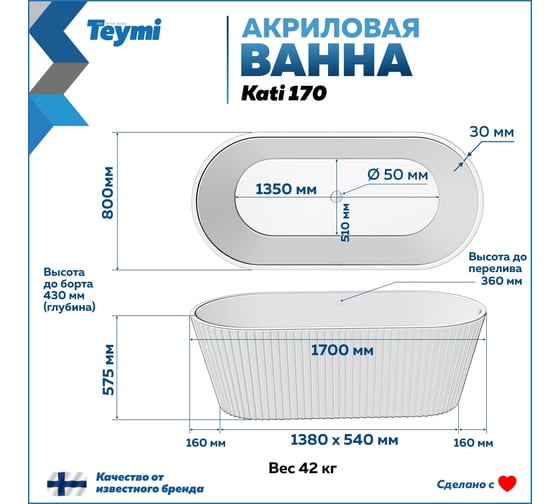 Отдельно стоящая акриловая ванна Teymi Kati 170x80x58, синяя матовая T130114 ЦБ-00268812