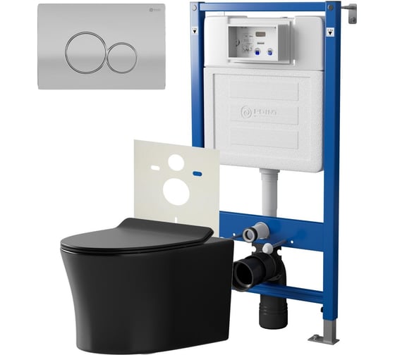 Сет система инсталляции Point клавиша смыва цвет сатин/хром и подвесной унитаз черный матовый PN48146SC 1
