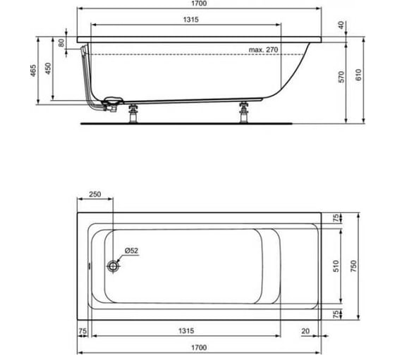 Встраиваемая акриловая прямоугольная ванна Ideal Standard CONNECT AIR 170x75 см, диаметр отверстия слива 52 мм, без системы слива-перелива E106401 00047973