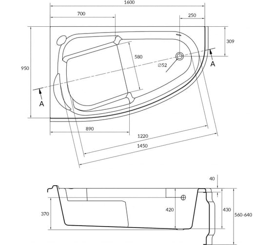 Ванна Cersanit JOANNA 160x95 асимметричная, левая WA-JOANNA 160-L-W, 00000067990