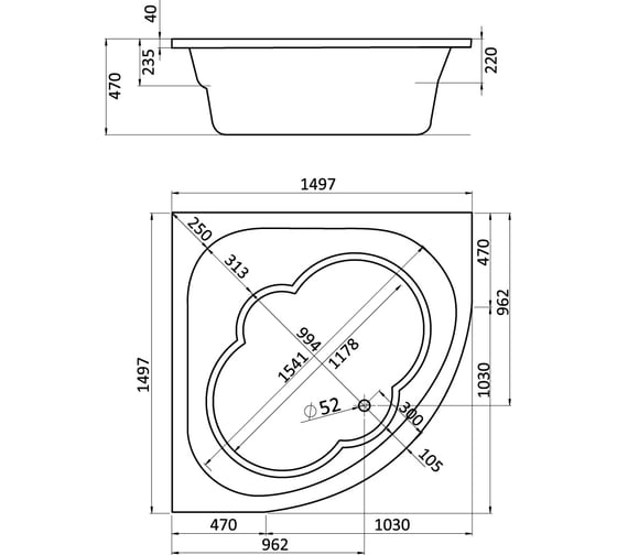 Ванна Santek КАННЫ 150х150 симметричная, акриловая 1.WH11.1.983, 00000061495