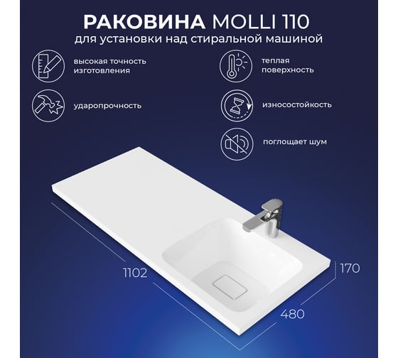 Мебельный умывальник ИТАНА с крылом molli 110 правая чаша 1102x480x170 4656755757698