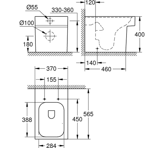Приставной напольный унитаз GROHE Cube Ceramic безободковый 3948500H