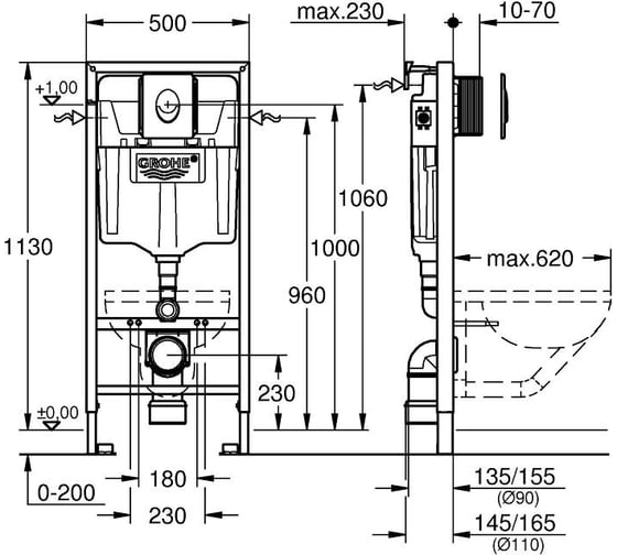 Инсталляция для подвесного унитаза GROHE Rapid SL 4 в 1 в сборе, с кнопкой смыва 38505000, 38750001
