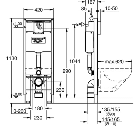 Система инсталляции для подвесного унитаза GROHE Rapid SL 1,13 м, ширина 0,42 м 38713001