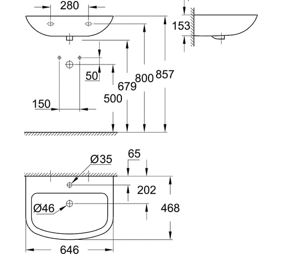 Подвесная раковина GROHE Bau Ceramic ширина 65 см 39420000