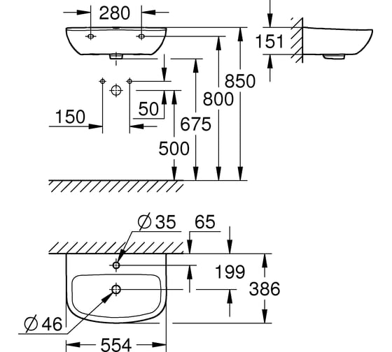 Подвесная раковина GROHE Bau Ceramic ширина 55 см 39440000