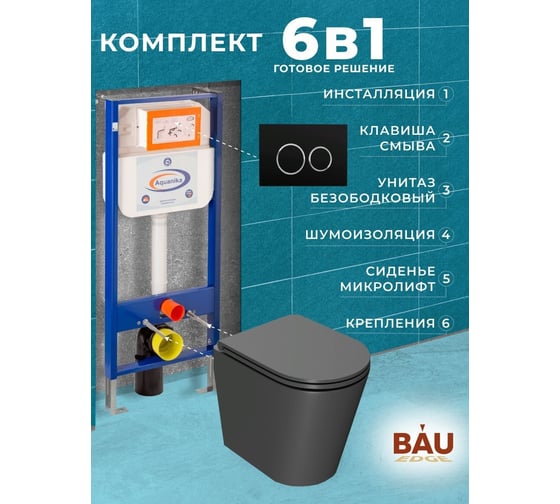Комплект 6 в 1 Bauedge BAU инсталляция BAU Aquanika, унитаз подвесной безободковый Bau Nimb темно-серый, сиденье дюропласт микролифт, круглая черная матовая клавиша 10.702.450.00.00-01.02.02202-BK0002DG