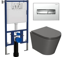 Комплект Bauedge BAU 6 в 1: инсталляция Loranto с прямоугольной хромированной клавишей, унитаз безободковый Bau Nimb темно-серый, сиденье микролифт, шумоизоляция 4501-7322-BK0002DG