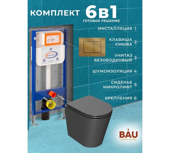 Комплект 6 в 1 Bauedge BAU инсталляция BAU Aquanika, унитаз безободковый Bau Nimb темно-серый, сиденье дюропласт микролифт, прямоугольная бронзовая клавиша 10.702.450.00.00-Q00012-BK0002DG