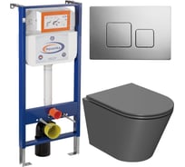 Комплект 6 в 1 Bauedge BAU инсталляция BAU Aquanika, унитаз подвесной безободковый Bau Nimb темно-серый, сиденье дюропласт микролифт, квадратная хромированная клавиша 10.702.450.00.00-01.02.09-BK0002DG