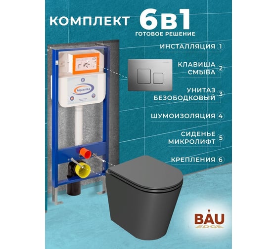 Комплект 6 в 1 Bauedge BAU инсталляция BAU Aquanika, унитаз подвесной безободковый Bau Nimb темно-серый, сиденье дюропласт микролифт, квадратная хромированная клавиша 10.702.450.00.00-01.02.09-BK0002DG