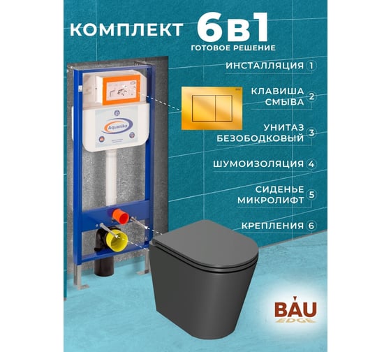Комплект 6 в 1 Bauedge BAU инсталляция BAU Aquanika, унитаз безободковый Bau Nimb темно-серый, сиденье дюропласт микролифт, прямоугольная золотая клавиша 10.702.450.00.00-Q00013-BK0002DG